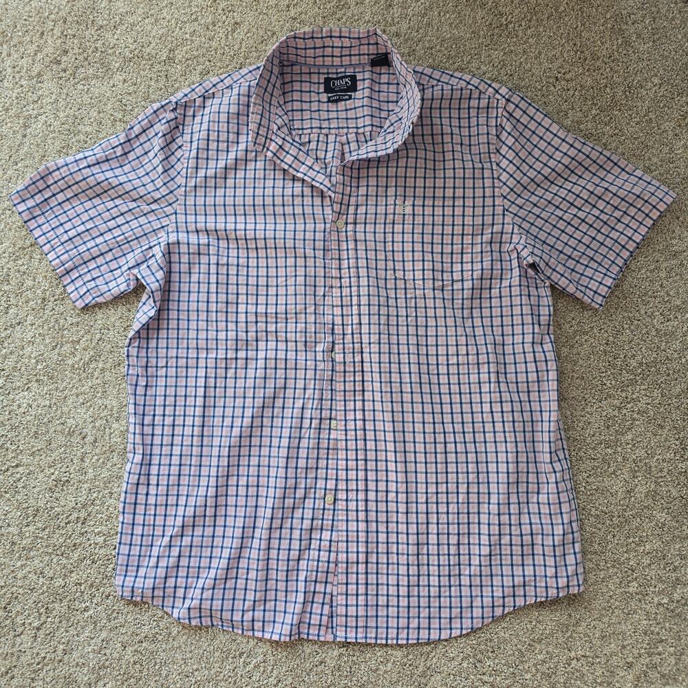 Chaps Easy Care Shirt Pink & Blue Plaid Mens Large, Button Up Short Sleeve